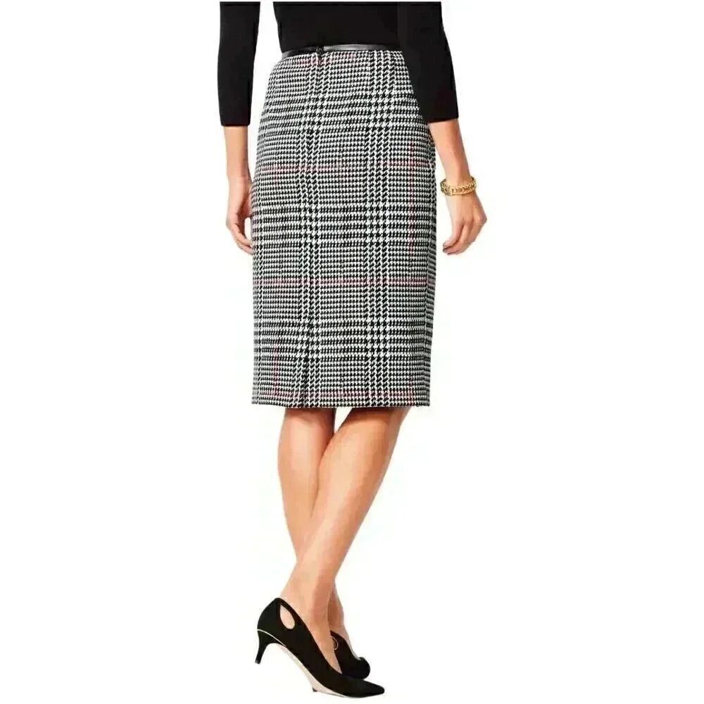 Talbots Women's Ivory/Black/Red Wool Ponte Glen Plaid Lined Pencil Straight Skir